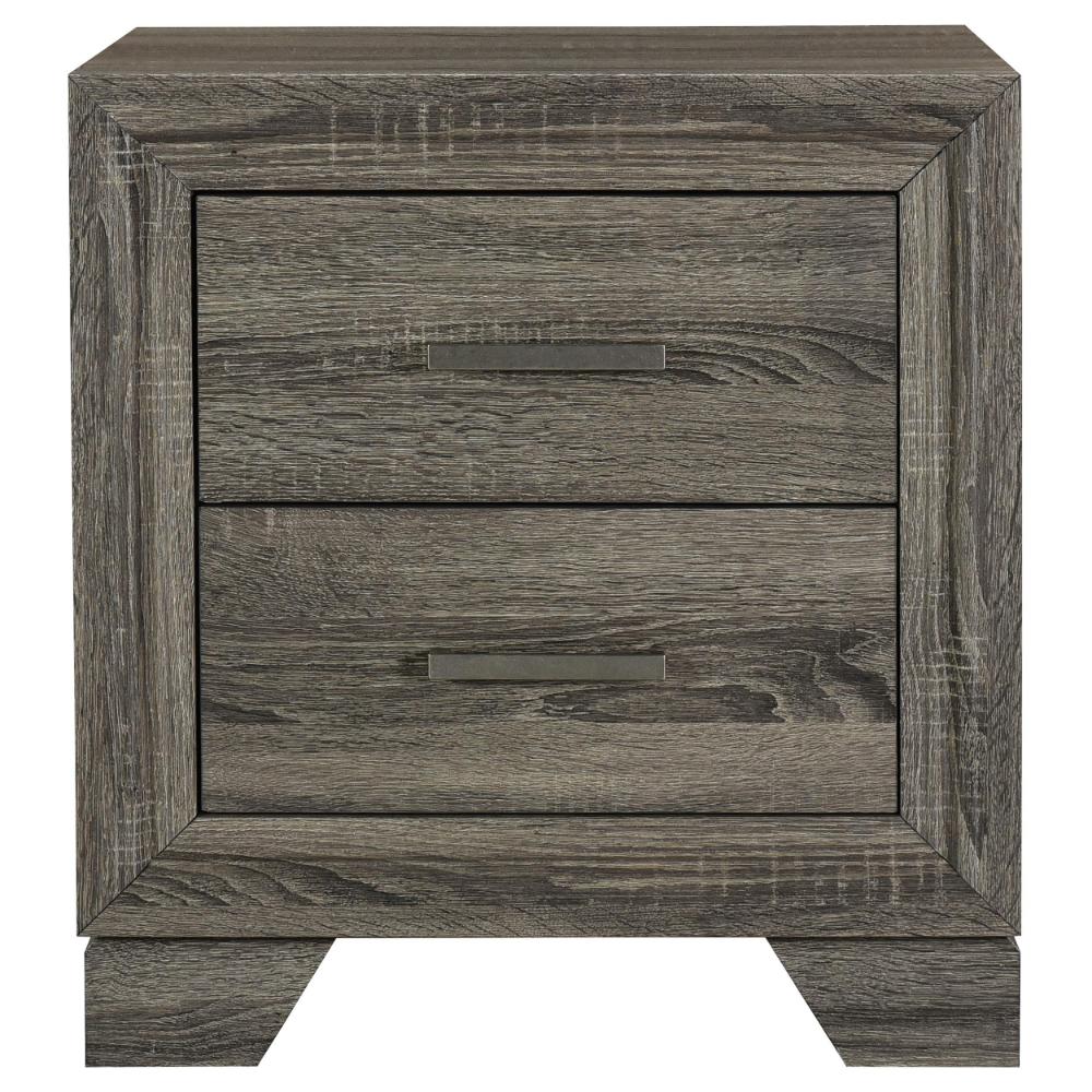 Reay Nightstand, Brown Oak Finish, 2 Drawers Silver Metal Bar Handles
