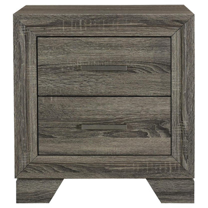 Reay Nightstand, Brown Oak Finish, 2 Drawers Silver Metal Bar Handles