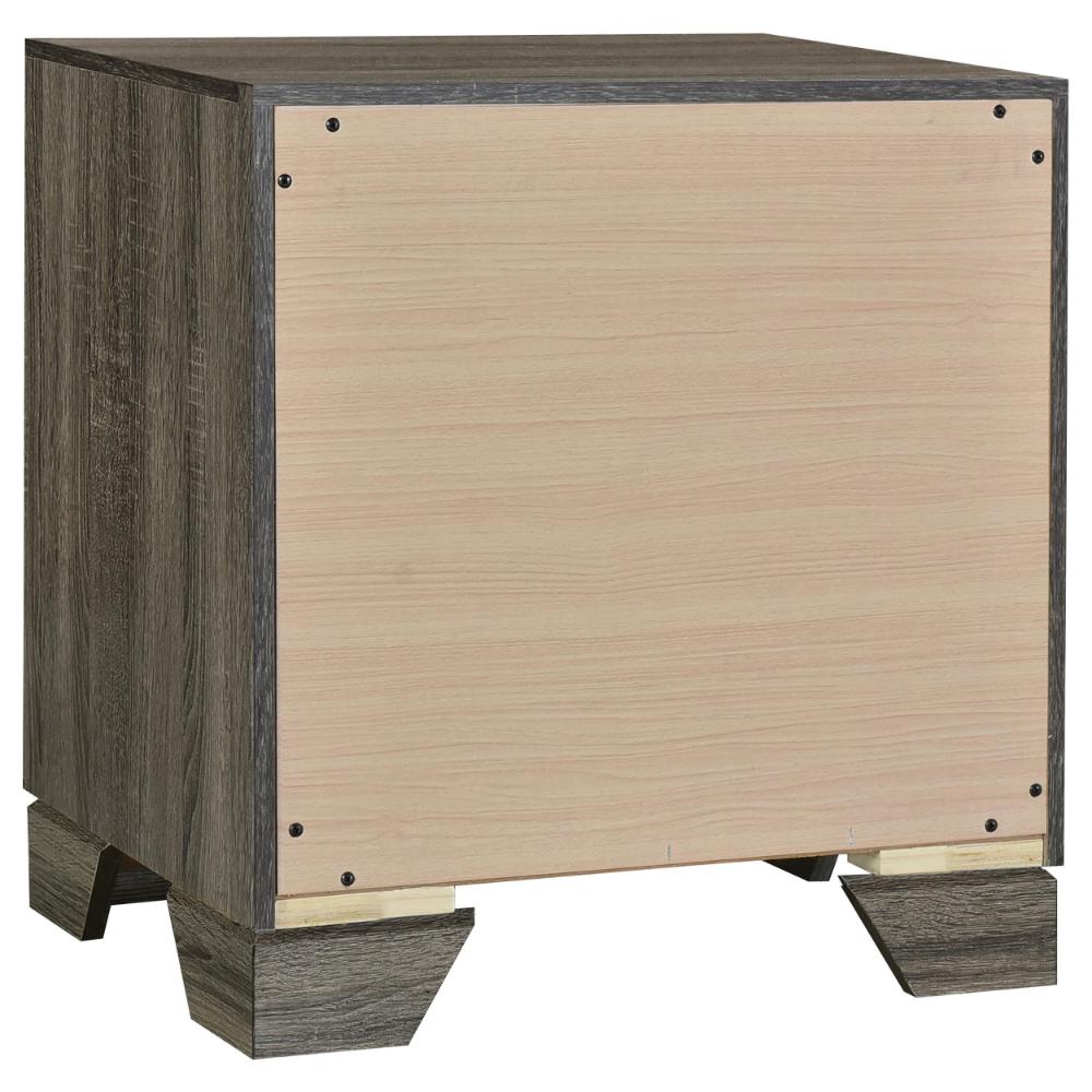Reay Nightstand, Brown Oak Finish, 2 Drawers Silver Metal Bar Handles