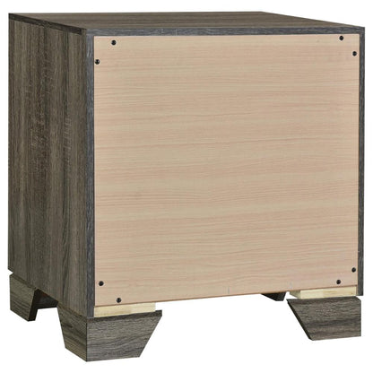 Reay Nightstand, Brown Oak Finish, 2 Drawers Silver Metal Bar Handles