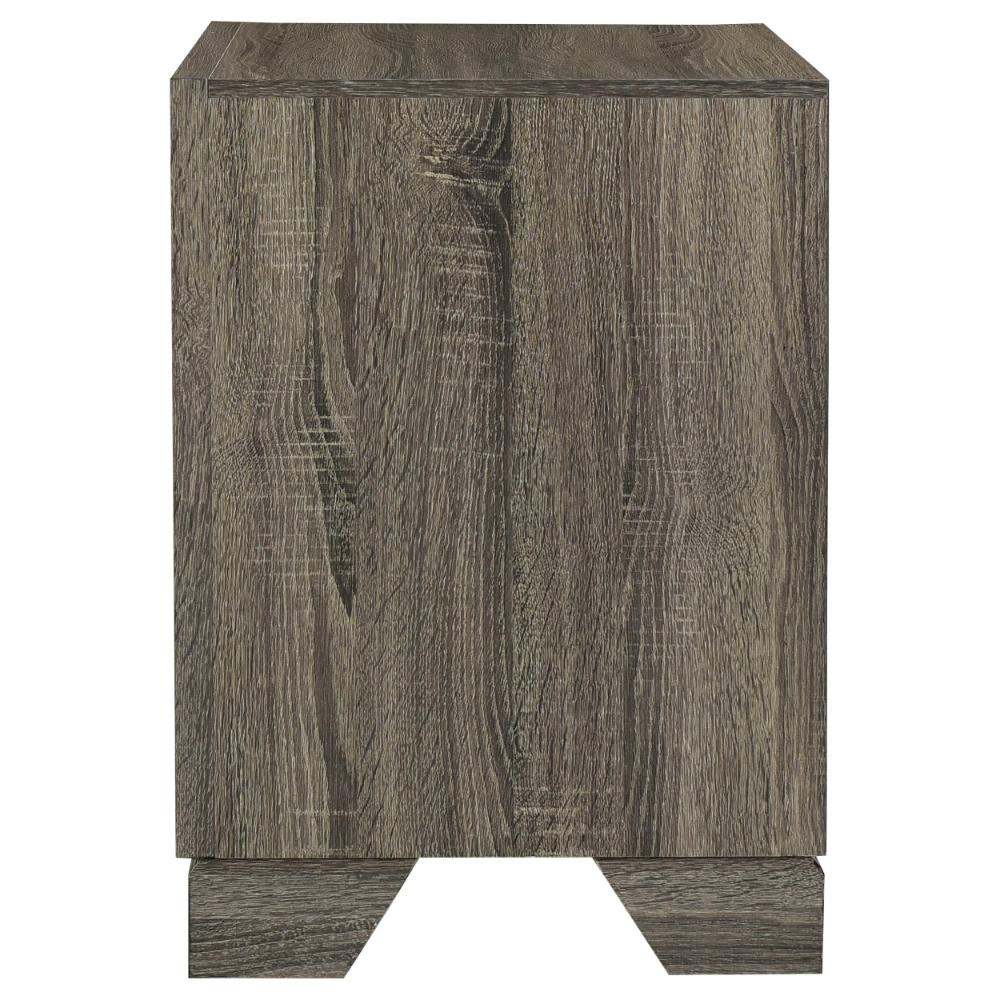Reay Nightstand, Brown Oak Finish, 2 Drawers Silver Metal Bar Handles