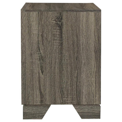 Reay Nightstand, Brown Oak Finish, 2 Drawers Silver Metal Bar Handles