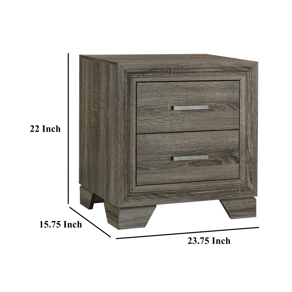 Reay Nightstand, Brown Oak Finish, 2 Drawers Silver Metal Bar Handles