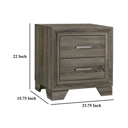 Reay Nightstand, Brown Oak Finish, 2 Drawers Silver Metal Bar Handles