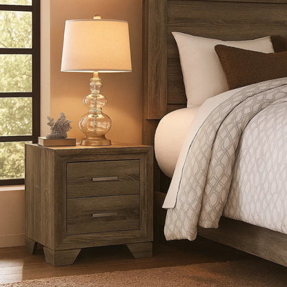 Reay Nightstand, Brown Oak Finish, 2 Drawers Silver Metal Bar Handles