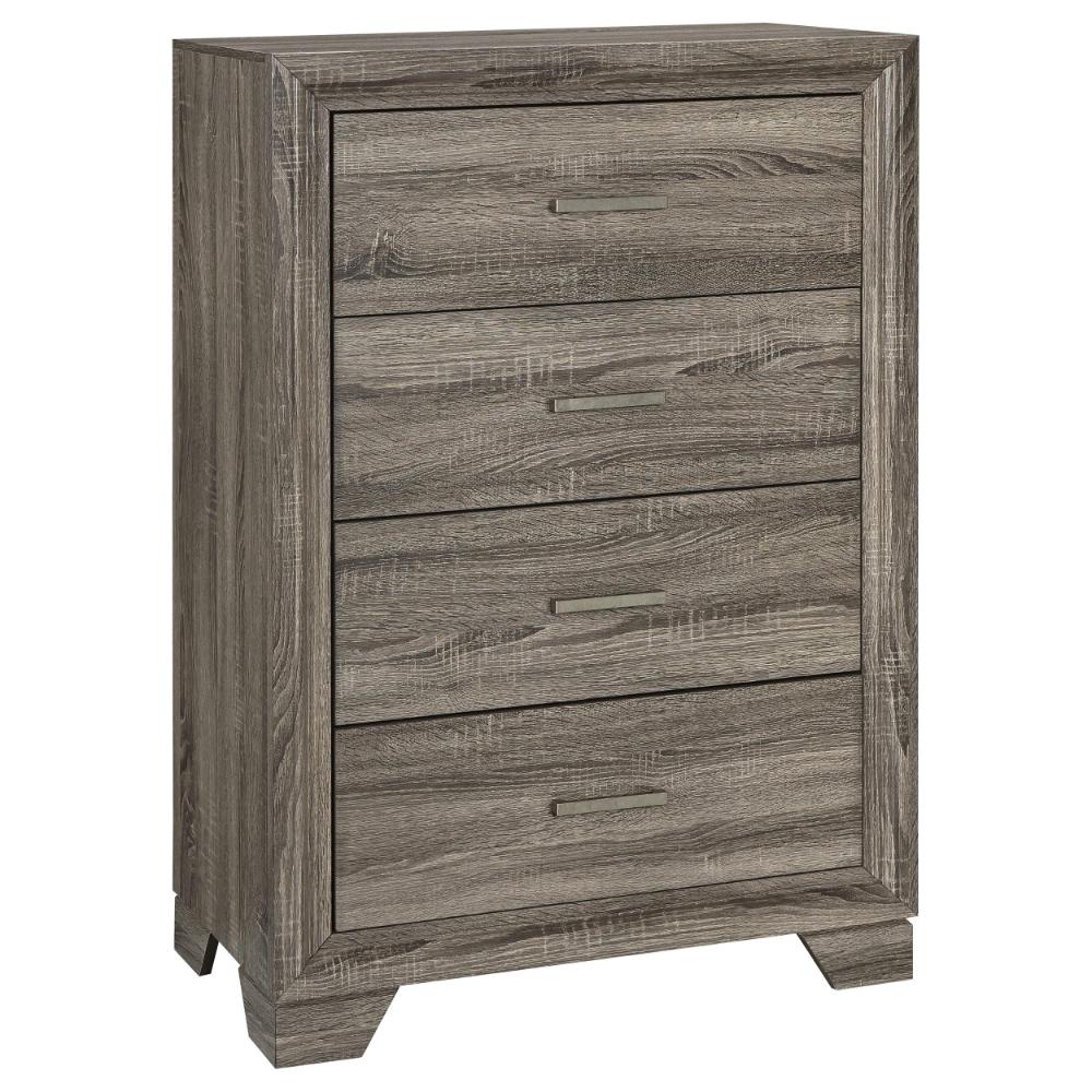 Reay Tall Dresser Chest, Brown Oak, 4 Drawers Silver Metal handles