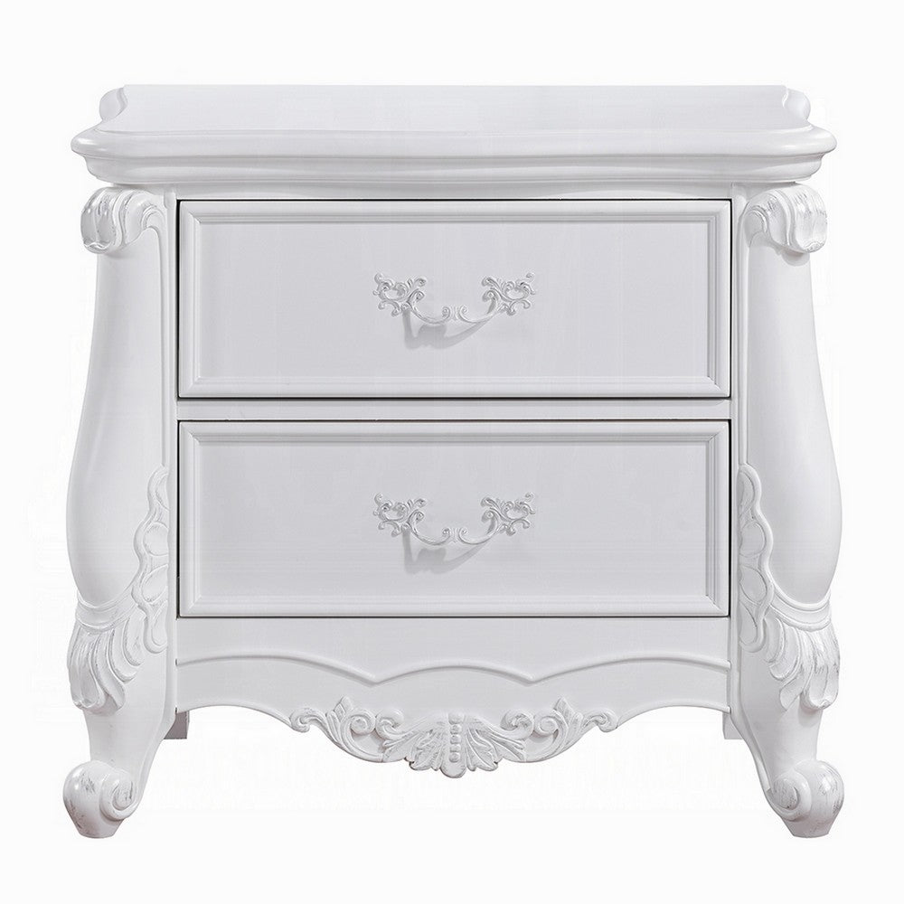 Maver Nightstand with 2 Drawers Scrolled Details, 32 Inch White Wood
