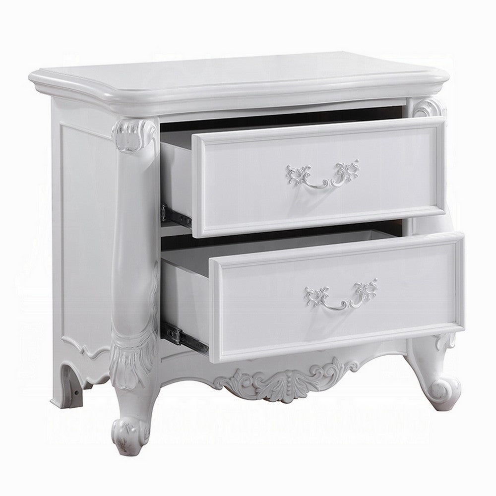 Maver Nightstand with 2 Drawers Scrolled Details, 32 Inch White Wood