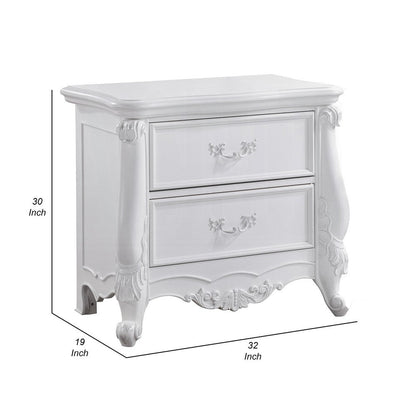 Maver Nightstand with 2 Drawers Scrolled Details, 32 Inch White Wood