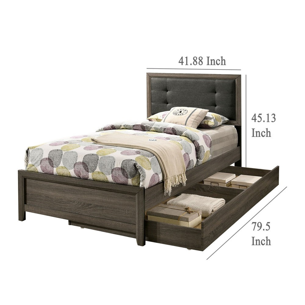 Meli Twin Size Bed, Button Tufted Upholstery, Dark Gray Solid Wood