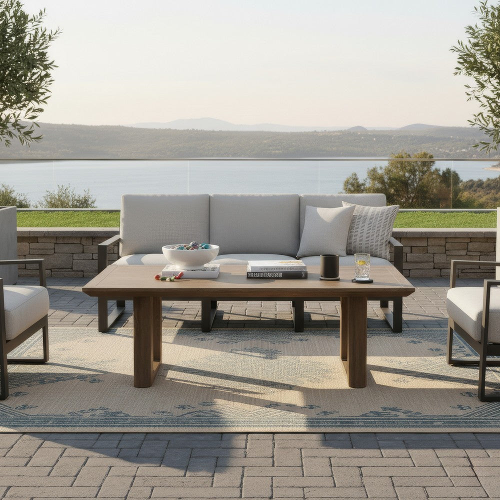 Baily Outdoor Cocktail Coffee Table, 49 Inch Woodlike Brown Metal