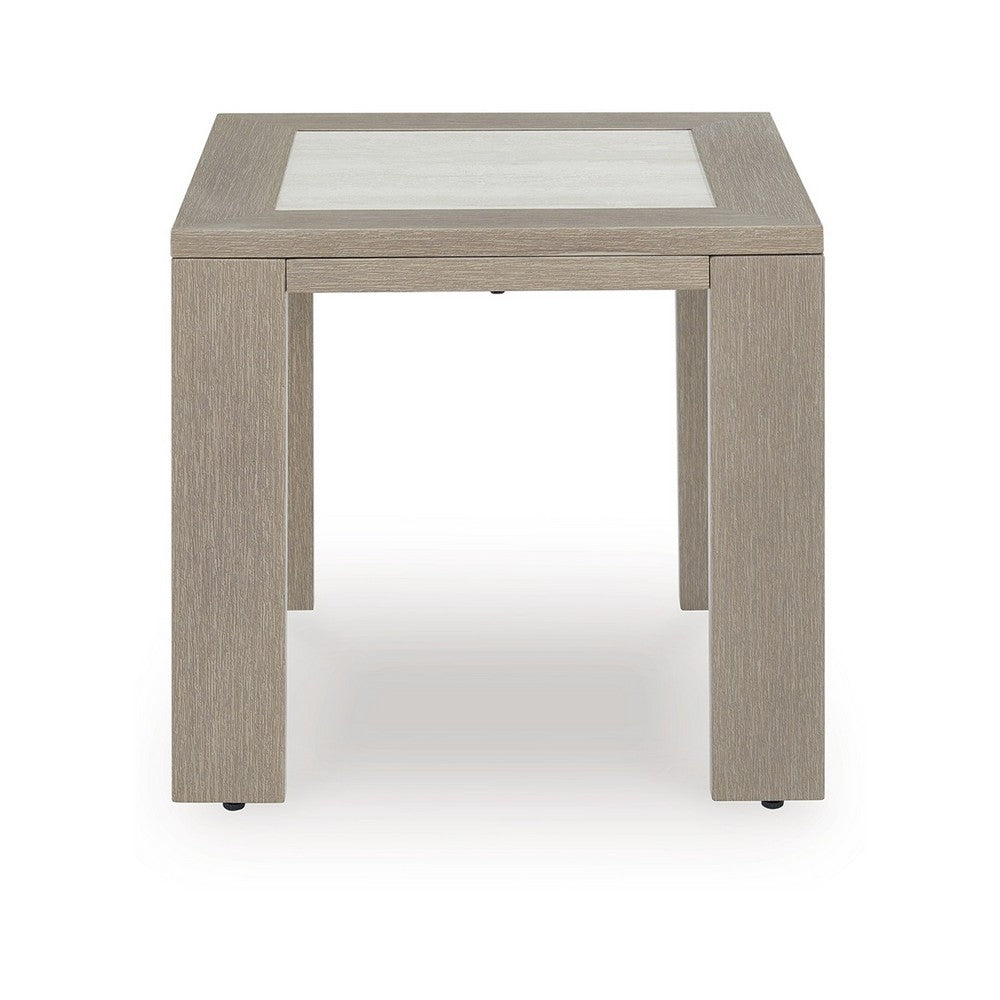Isle Outdoor Square End Table, Woodlike Grayish Brown Metal, 22 Inch