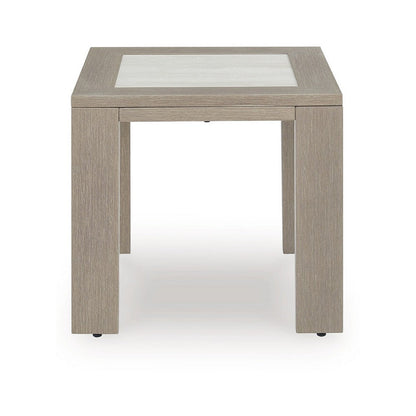 Isle Outdoor Square End Table, Woodlike Grayish Brown Metal, 22 Inch