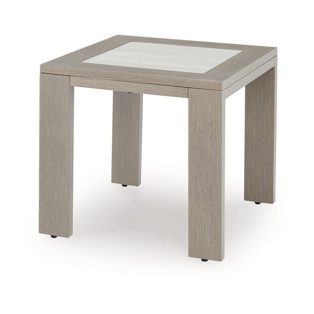 Isle Outdoor Square End Table, Woodlike Grayish Brown Metal, 22 Inch