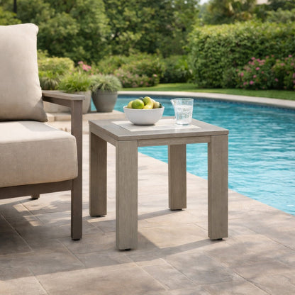 Isle Outdoor Square End Table, Woodlike Grayish Brown Metal, 22 Inch