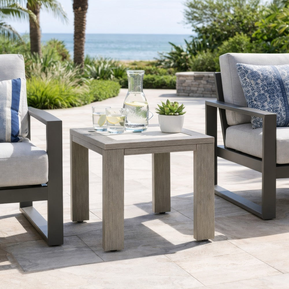 Isle Outdoor Square End Table, Woodlike Grayish Brown Metal, 22 Inch