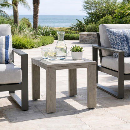 Isle Outdoor Square End Table, Woodlike Grayish Brown Metal, 22 Inch