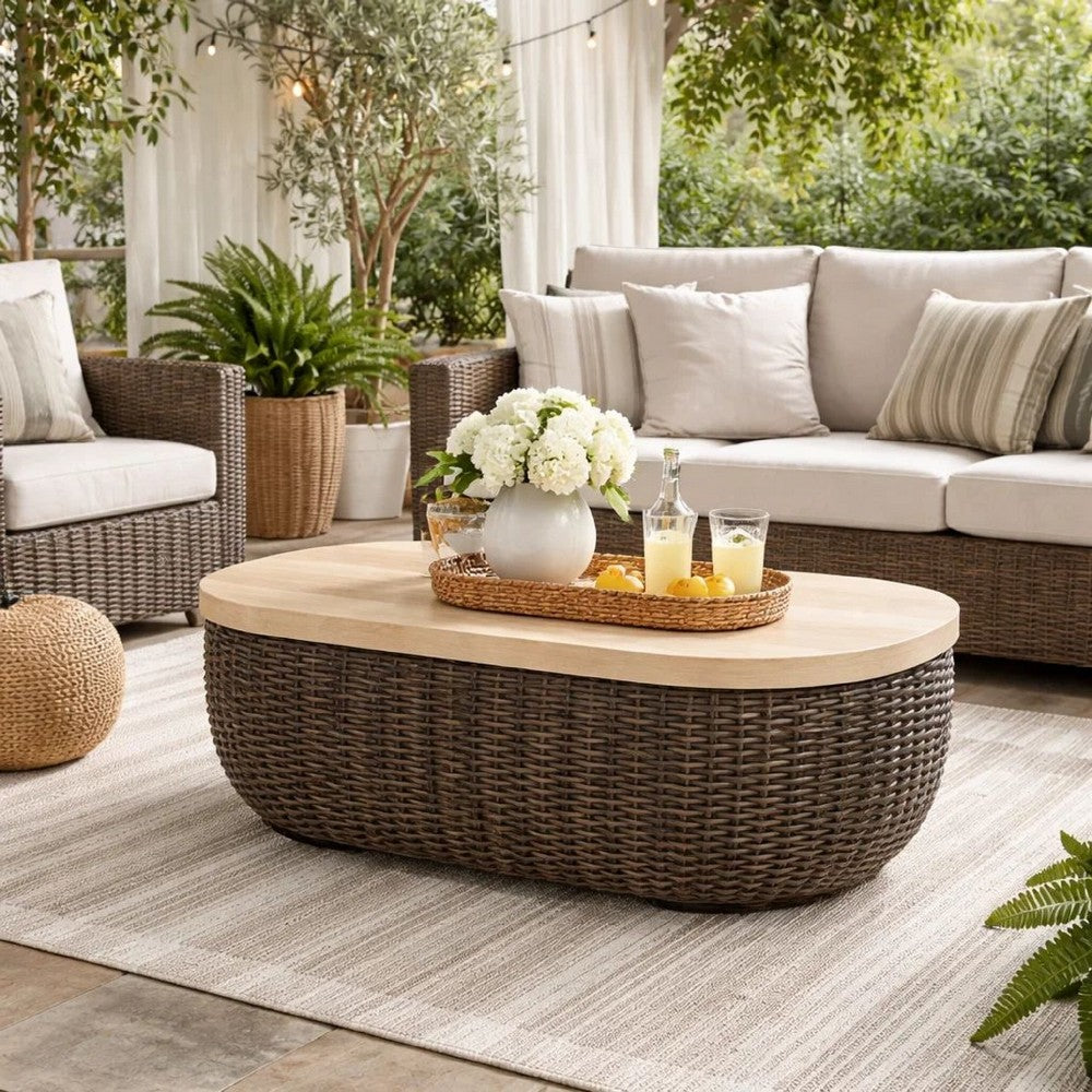 Kimo Outdoor Cocktail Coffee Table, Brown Wicker Details, 50 Inch