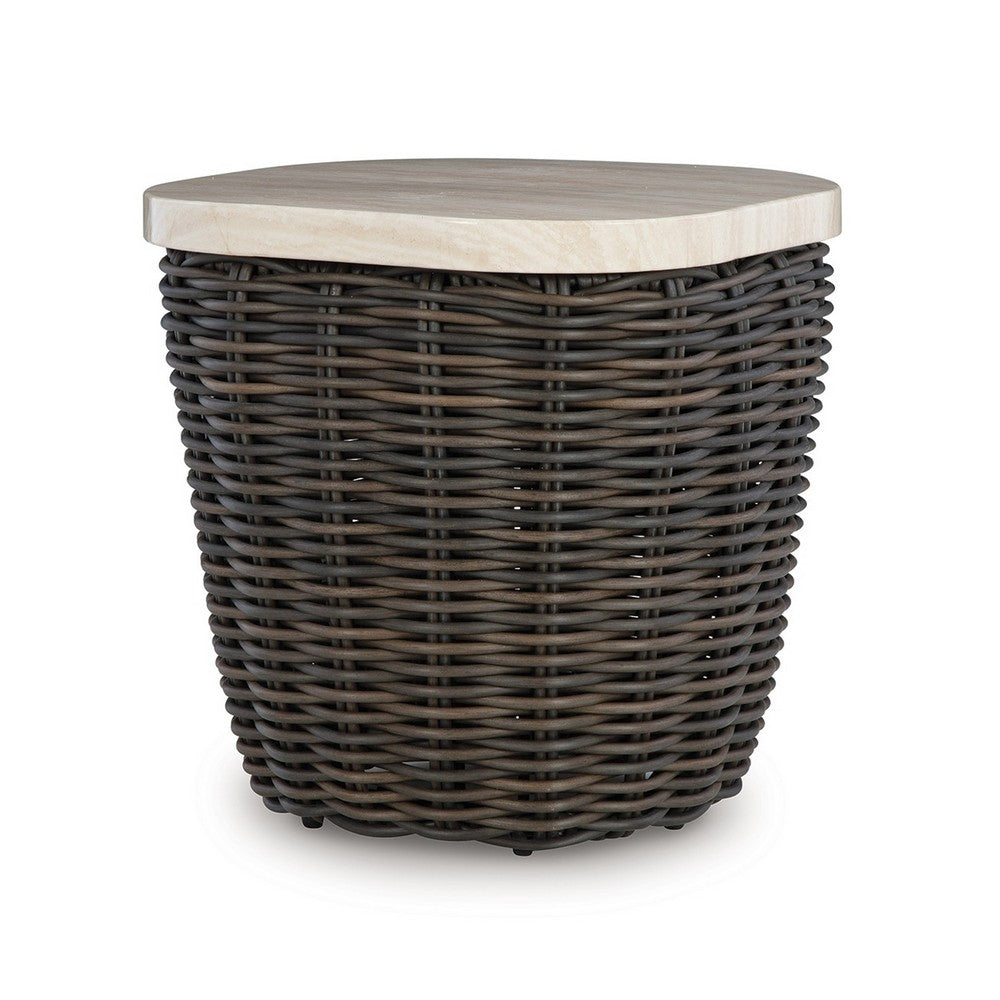 Kimo Outdoor Square End Table, Dark Brown Wicker Details, 23 Inch