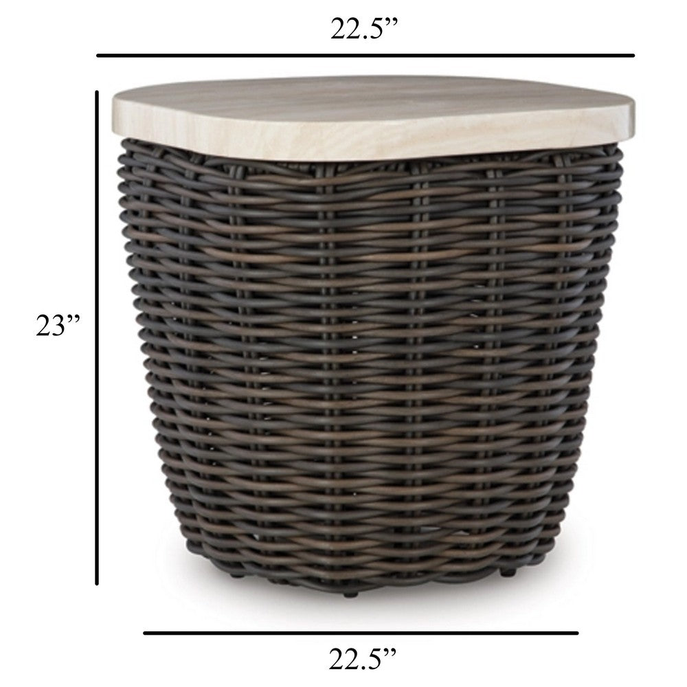 Kimo Outdoor Square End Table, Dark Brown Wicker Details, 23 Inch