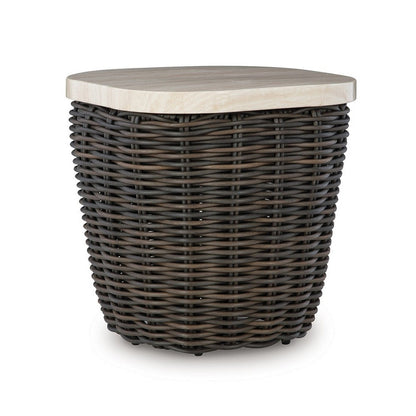 Kimo Outdoor Square End Table, Dark Brown Wicker Details, 23 Inch