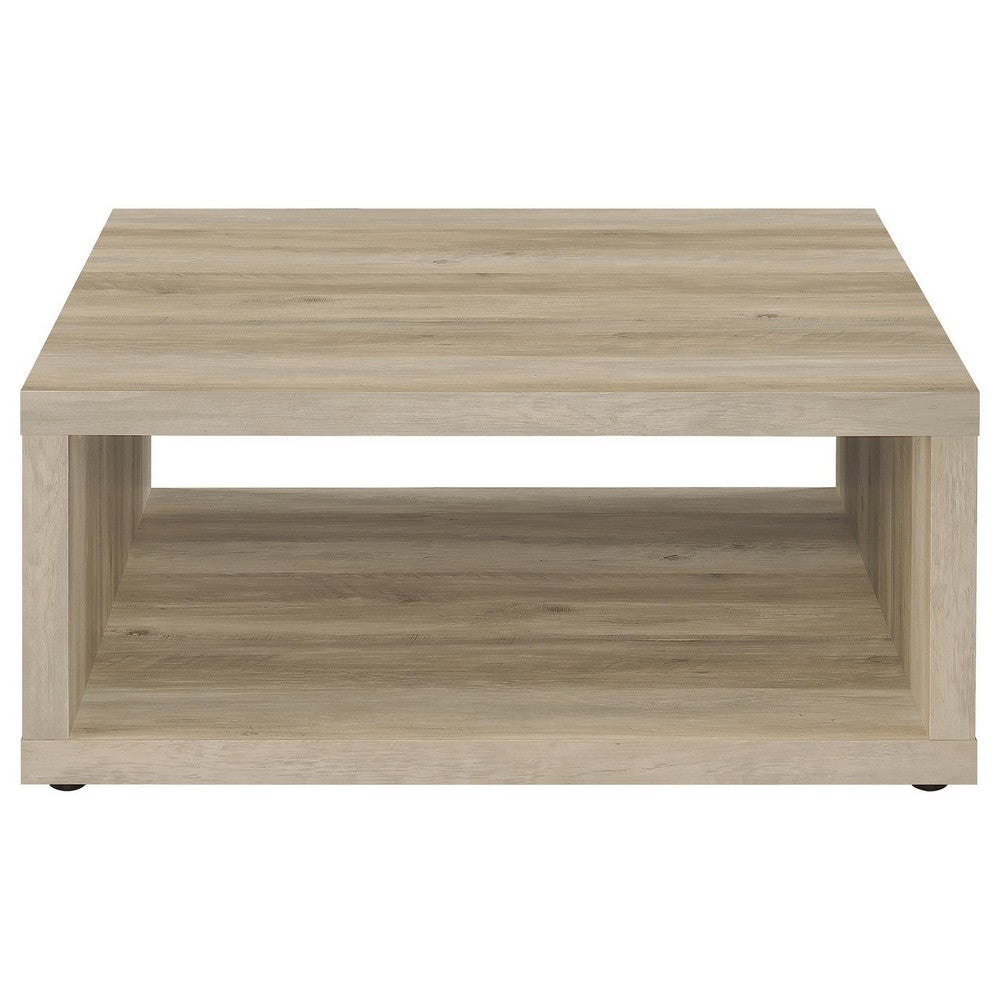 Rizz Coffee Table, Square Cube Design Open Shelf, 36 Inch Light Brown