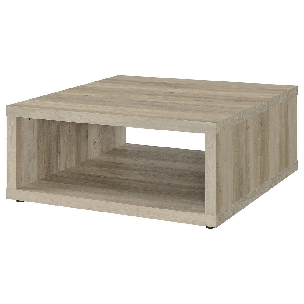 Rizz Coffee Table, Square Cube Design Open Shelf, 36 Inch Light Brown