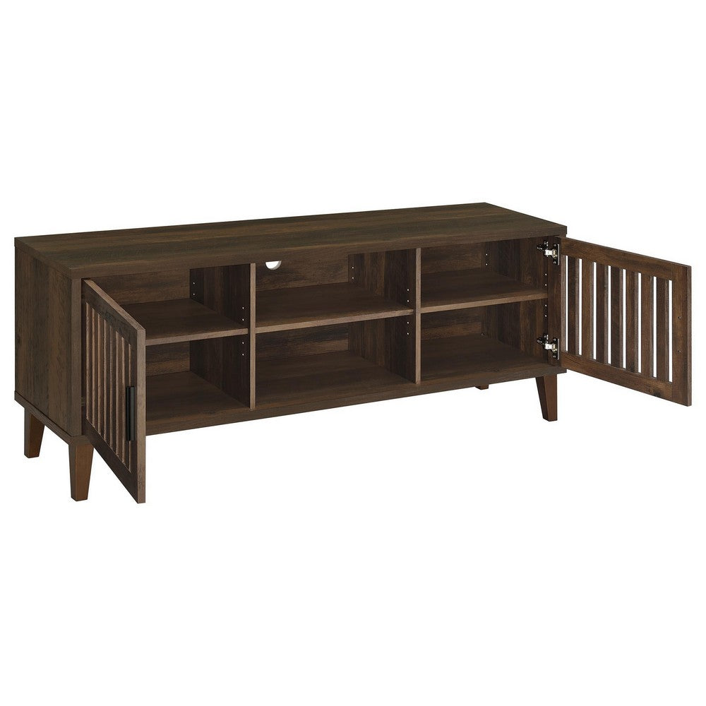 Sid TV Stand Media Cabinet, 2 Slatted Doors, Shelf, Brown Wood 60 Inch