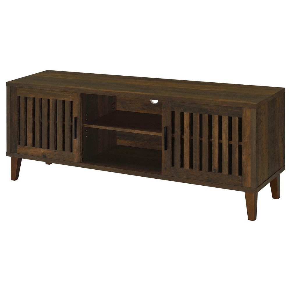 Sid TV Stand Media Cabinet, 2 Slatted Doors, Shelf, Brown Wood 60 Inch