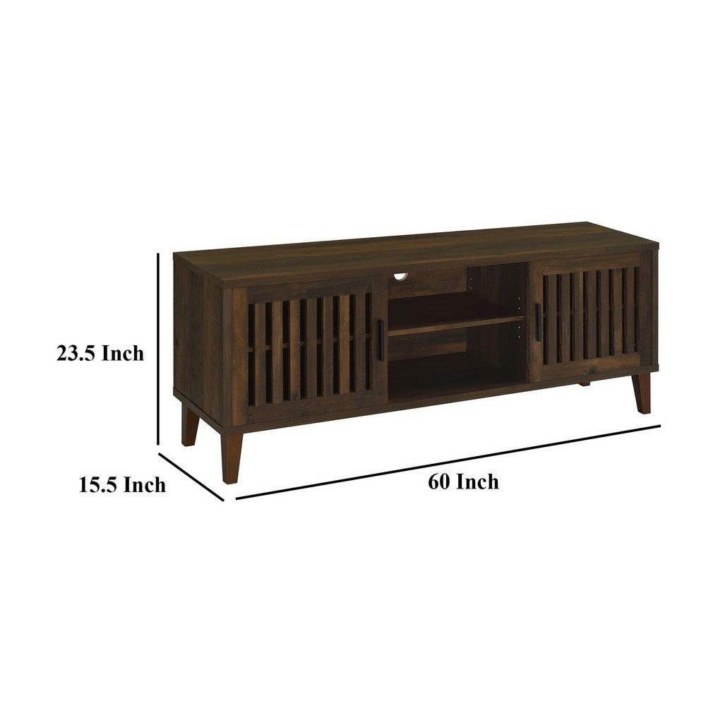 Sid TV Stand Media Cabinet, 2 Slatted Doors, Shelf, Brown Wood 60 Inch