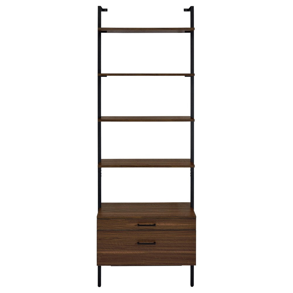 Wens Wall Mounted Bookcase Unit, 4 Shelves, 2 Drawers, Black Brown