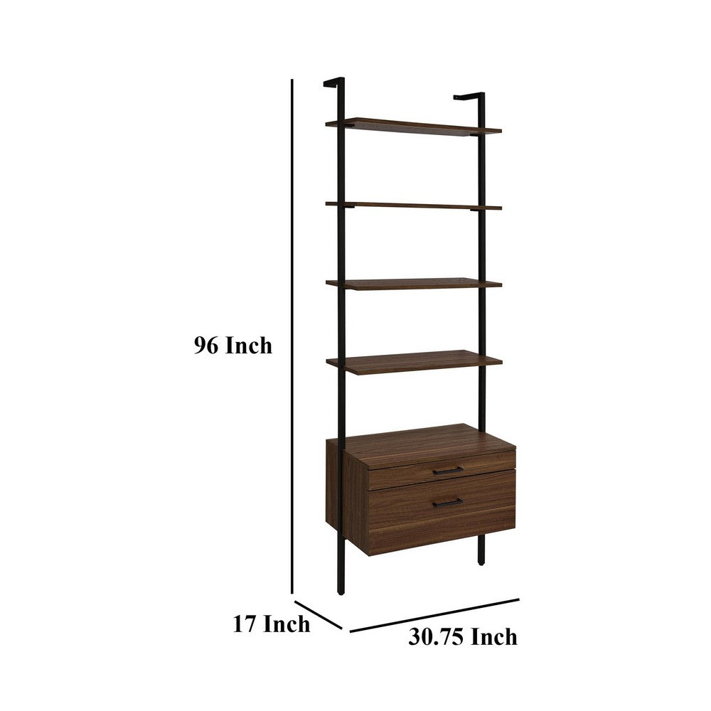 Wens Wall Mounted Bookcase Unit, 4 Shelves, 2 Drawers, Black Brown