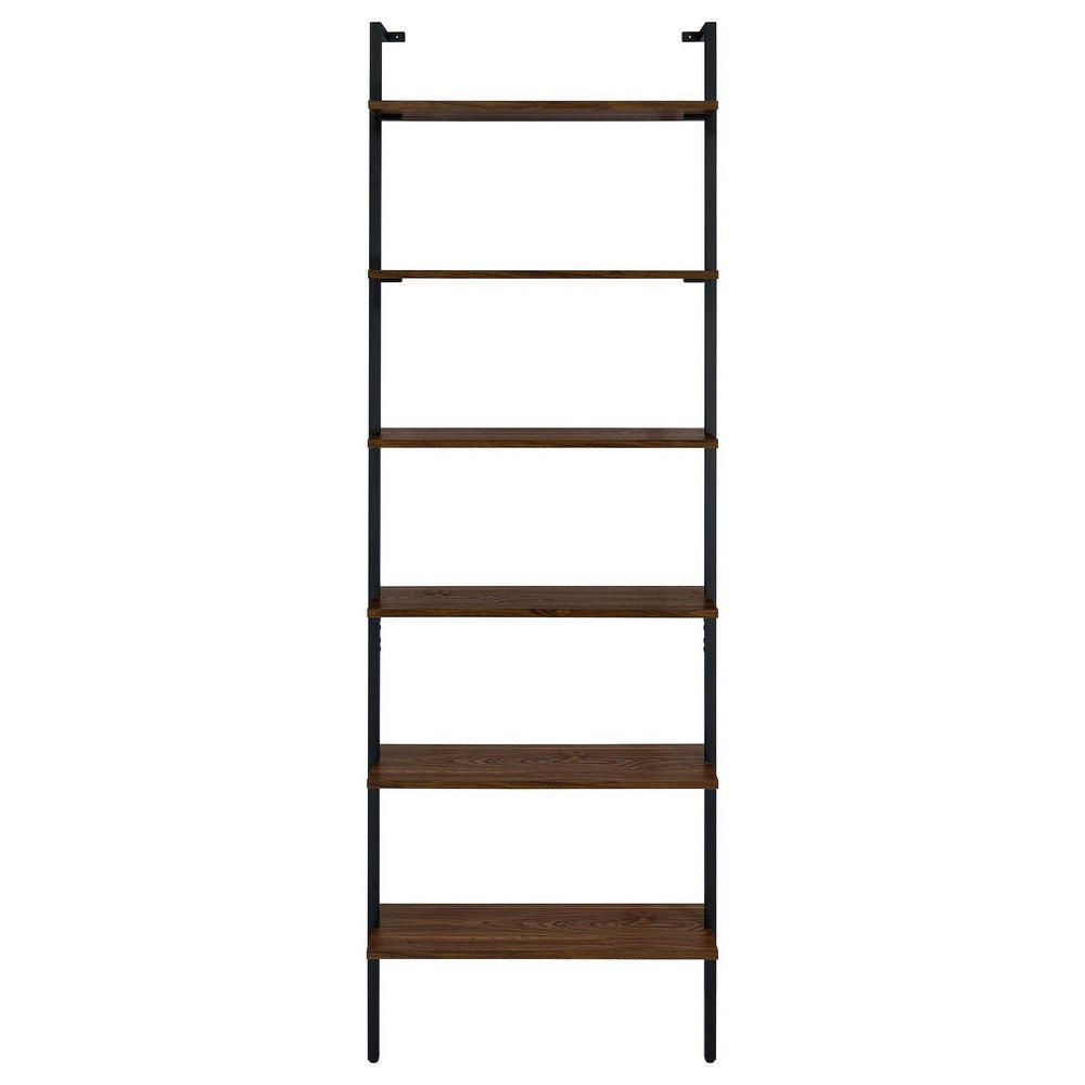 Wens Wall Mounted Bookcase Unit, 6 Open Shelves, Black Metal, Brown