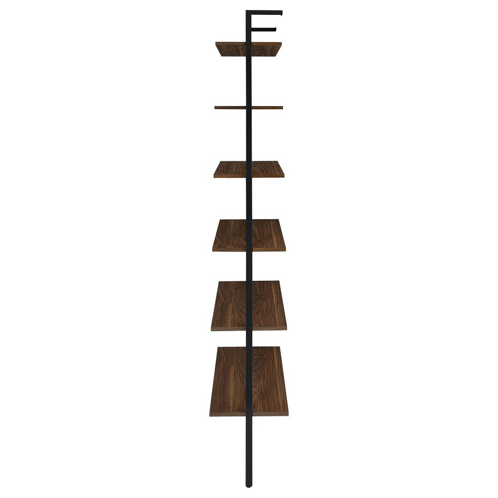 Wens Wall Mounted Bookcase Unit, 6 Open Shelves, Black Metal, Brown
