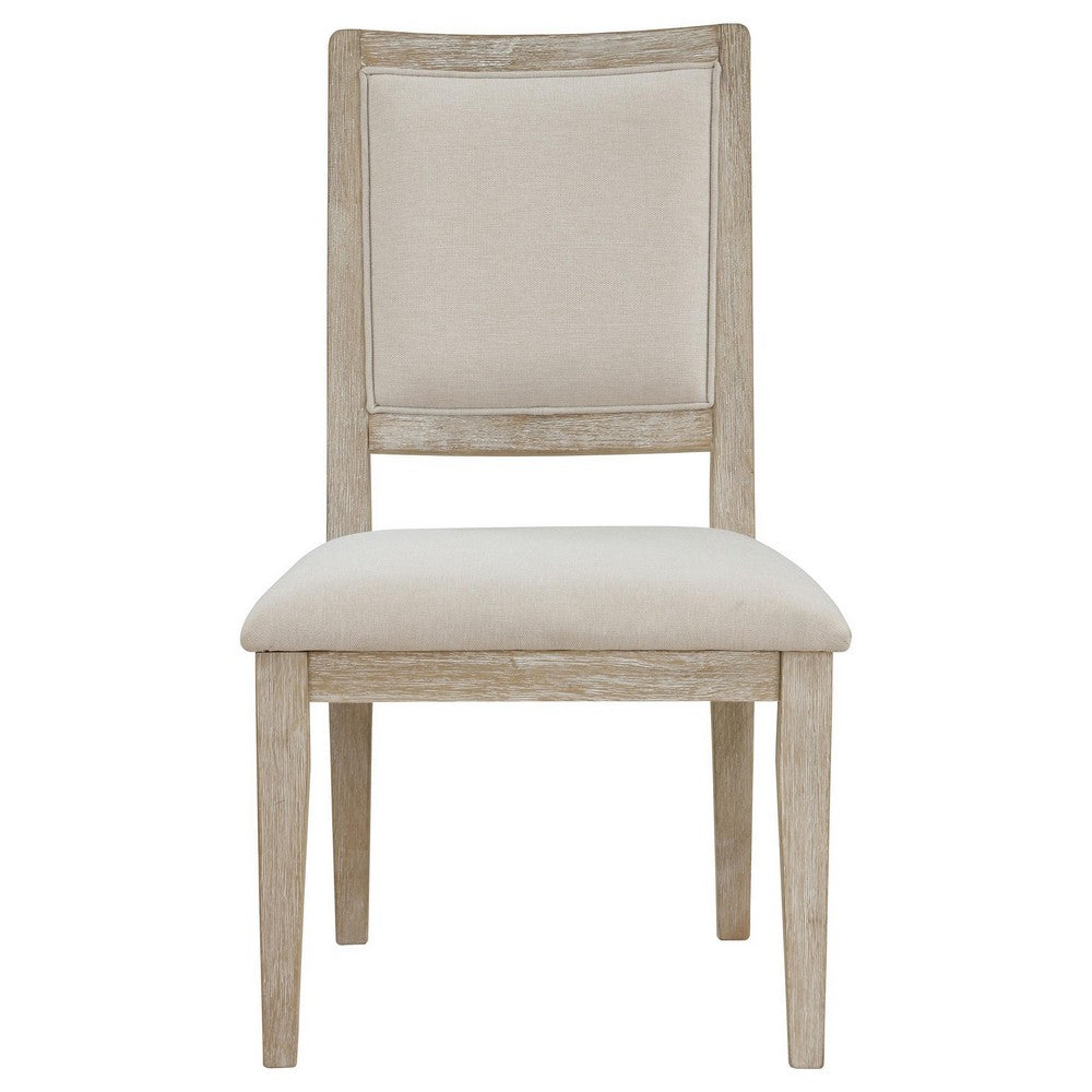 Eva Dining Side Chair Set of 2, Square Back, White Wood, Beige Fabric