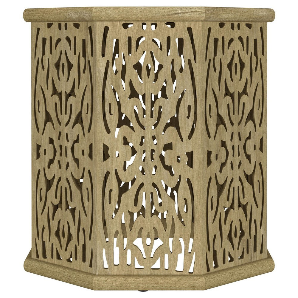 Ores Accent Side Table with Intricate Carvings, Brown Mango Wood