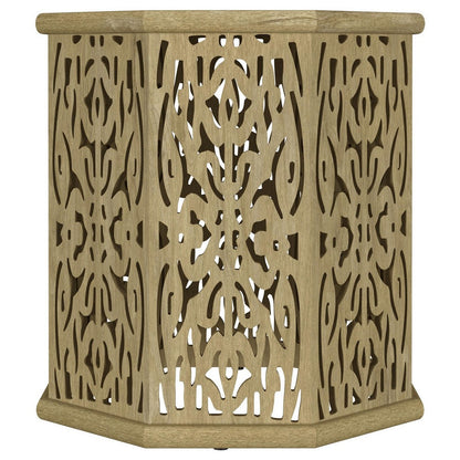 Ores Accent Side Table with Intricate Carvings, Brown Mango Wood
