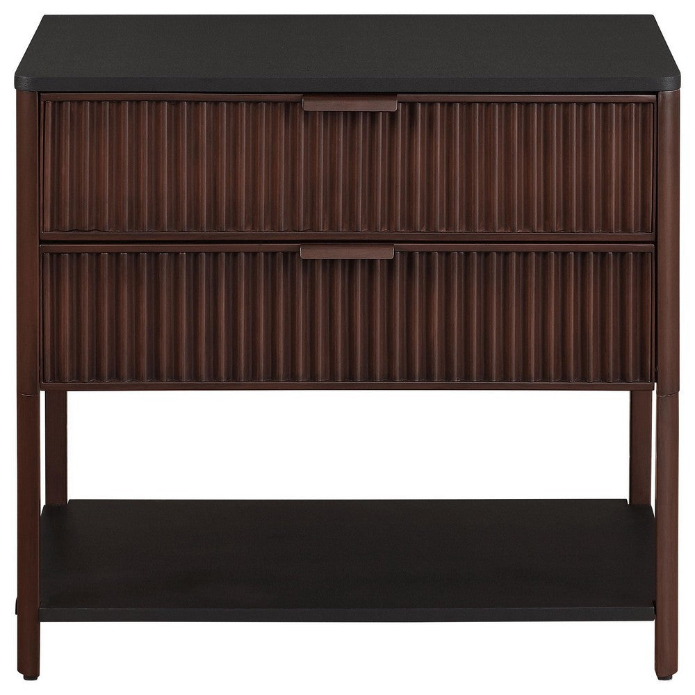 Zemy Side End Table, 2 Drawers, Open Shelf, Black Metal, Rust Brown