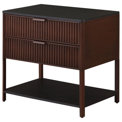 Zemy Side End Table, 2 Drawers, Open Shelf, Black Metal, Rust Brown