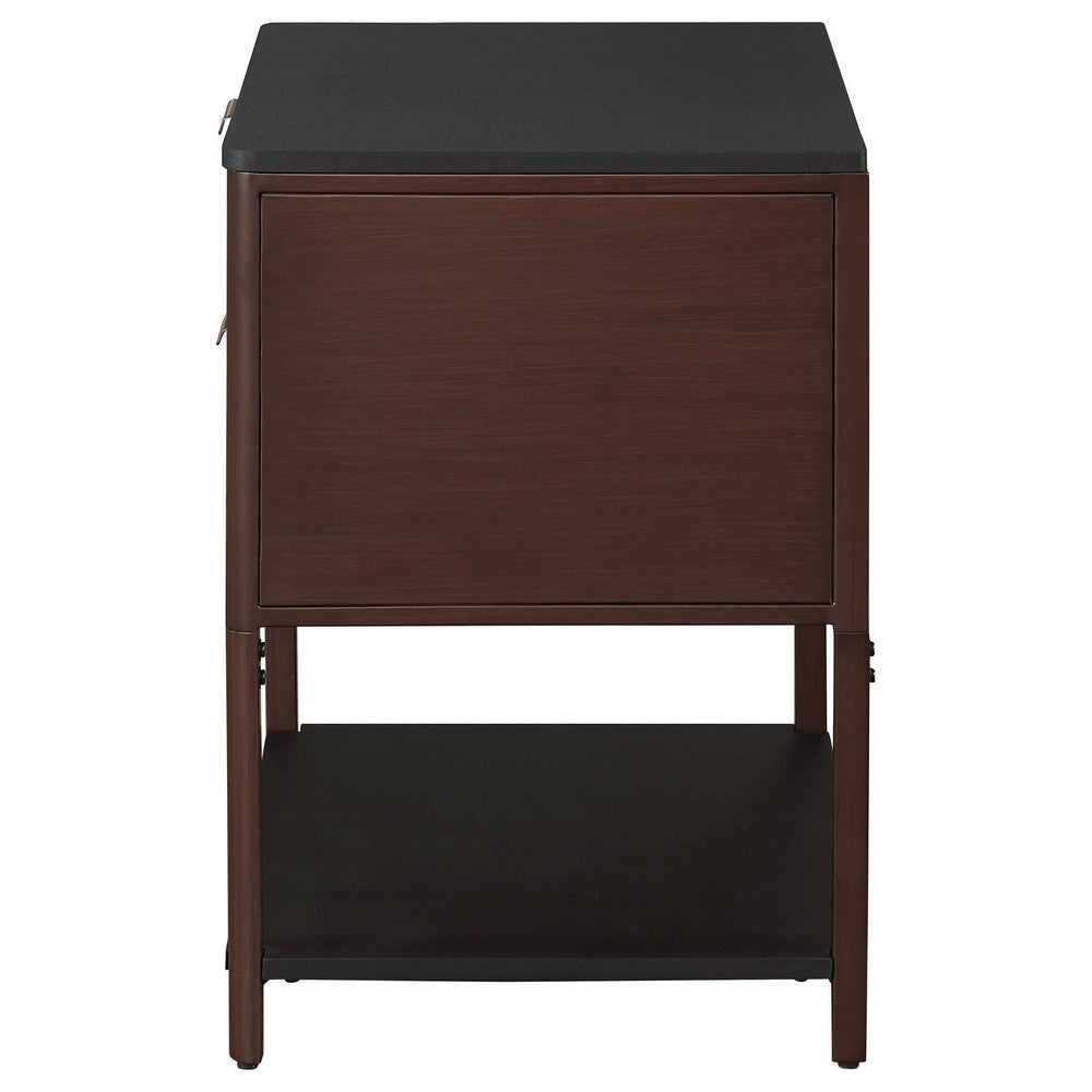 Zemy Side End Table, 2 Drawers, Open Shelf, Black Metal, Rust Brown