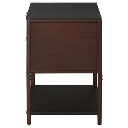 Zemy Side End Table, 2 Drawers, Open Shelf, Black Metal, Rust Brown