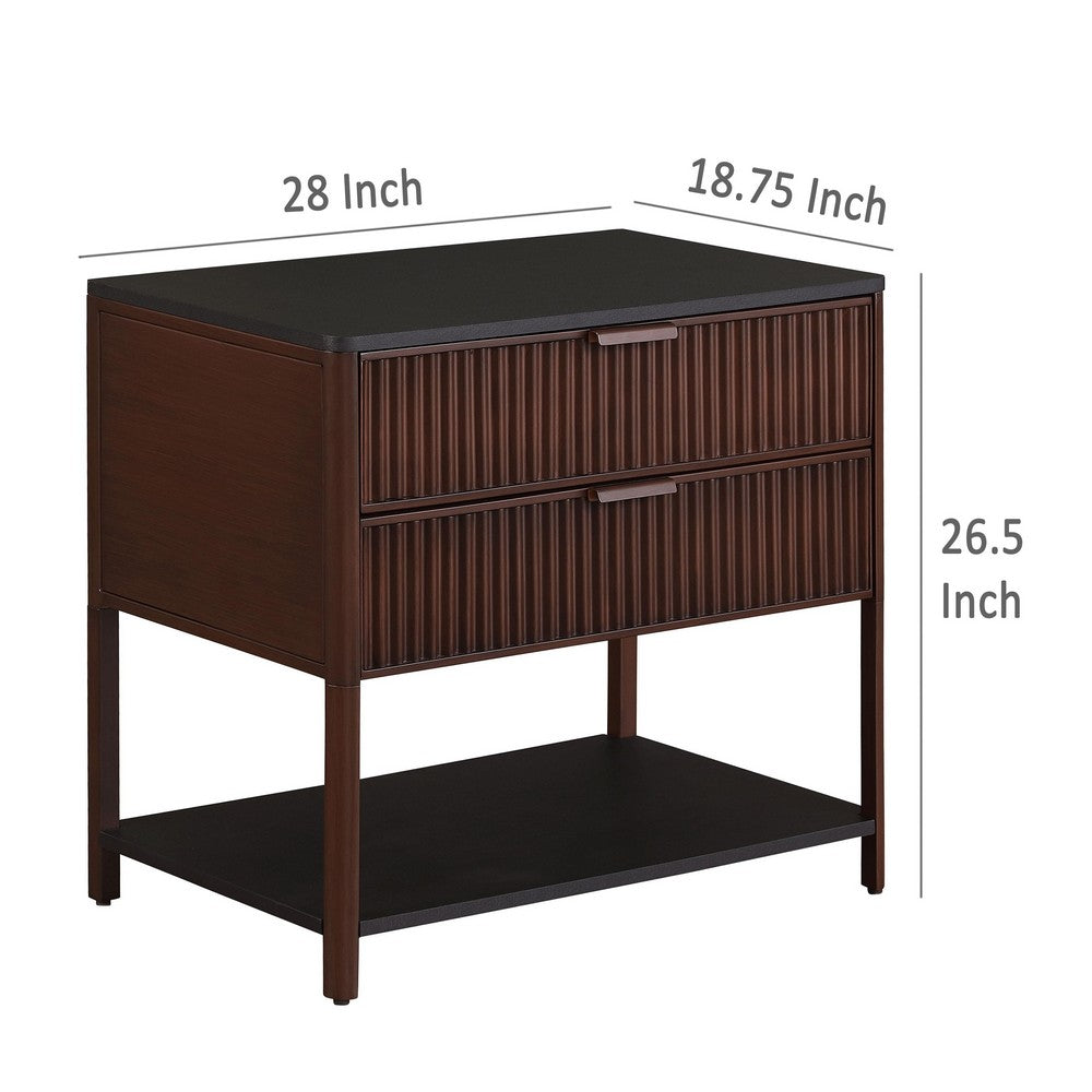 Zemy Side End Table, 2 Drawers, Open Shelf, Black Metal, Rust Brown