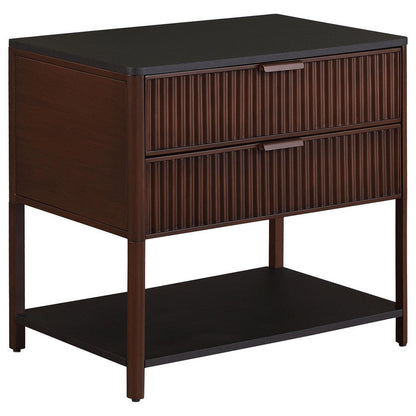 Zemy Side End Table, 2 Drawers, Open Shelf, Black Metal, Rust Brown