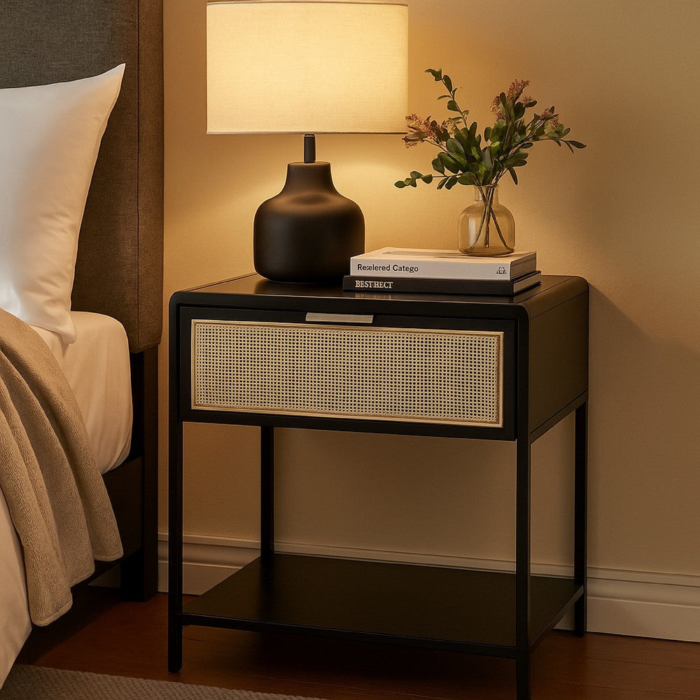 Lanie Bedside Table with Drawer and Open Shelf, PE Cane, White Metal