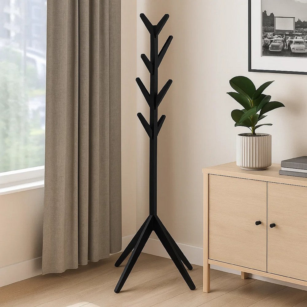Margo Coat Rack, 8 Hooks and Tree Inspired Design, Black Solid wood