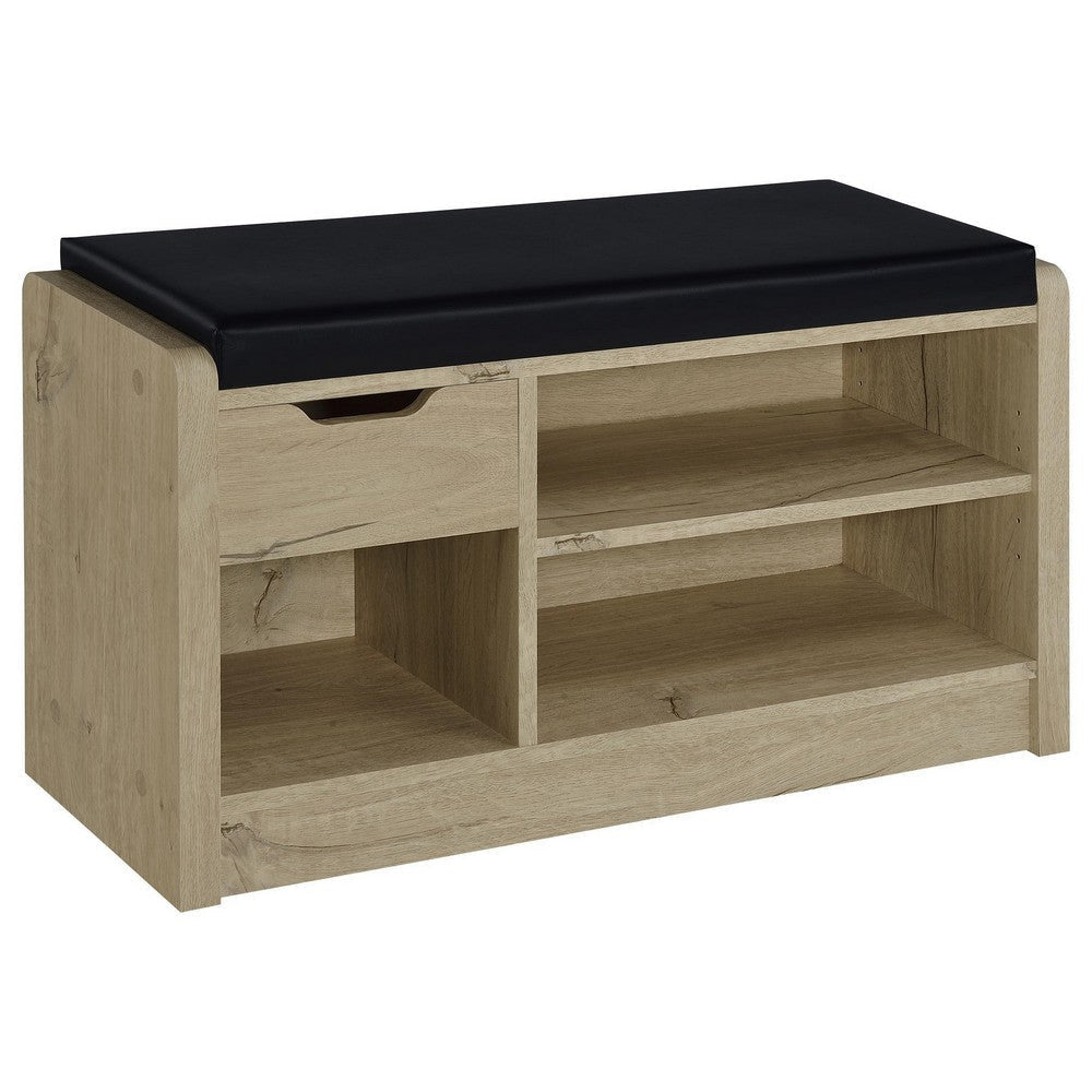 Aryn Storage Bench, Adjustable Shelf, Black Faux Leather, Oak Brown