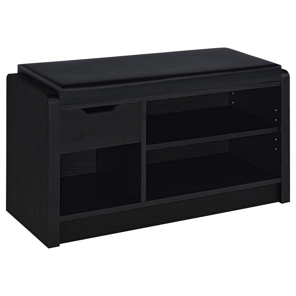 Aryn Storage Bench, Adjustable Shelf, Black Faux Leather, Dark Brown