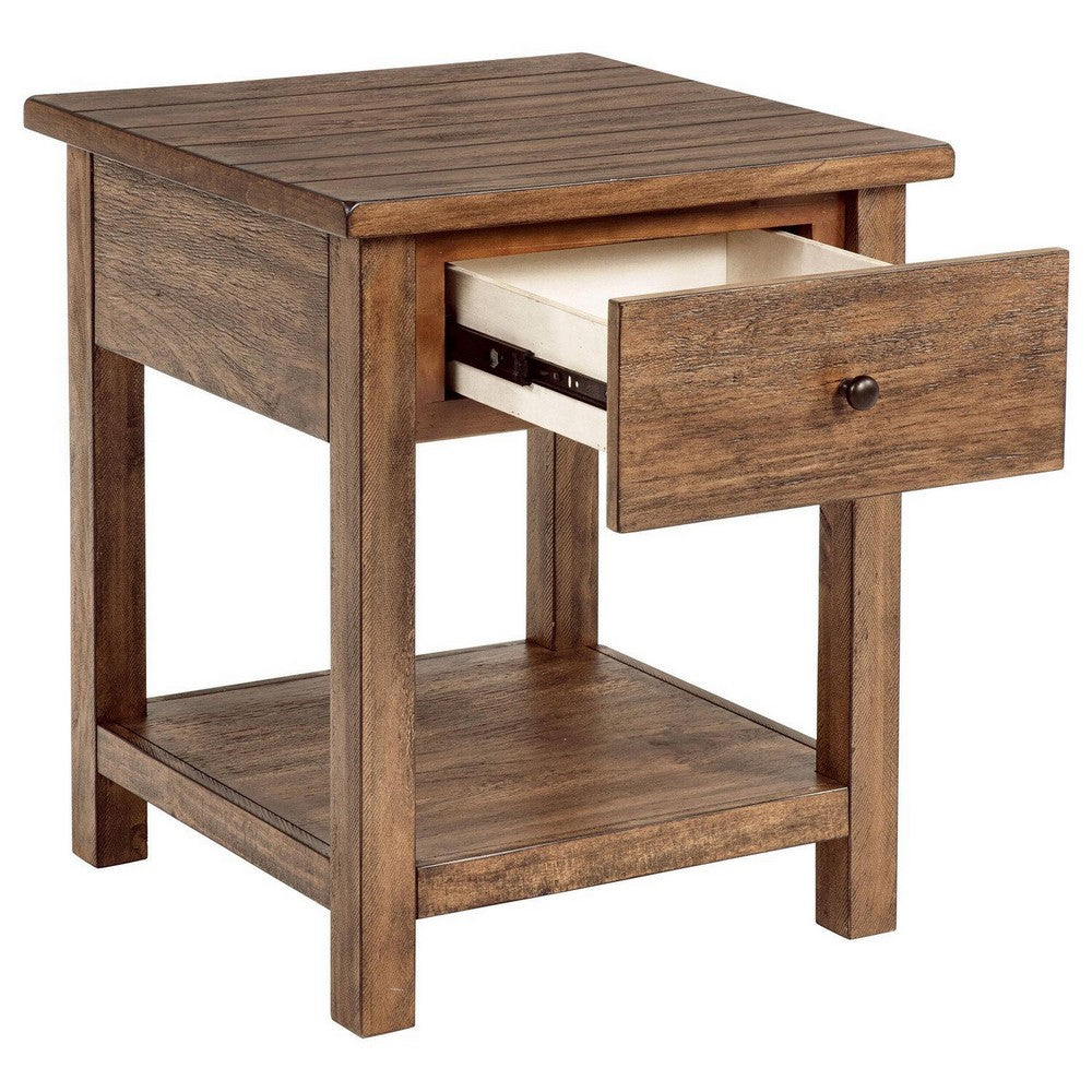 Ayne Side End Table, 1 Shelf, 1 Drawer, Brown Wood, Square 20 Inch