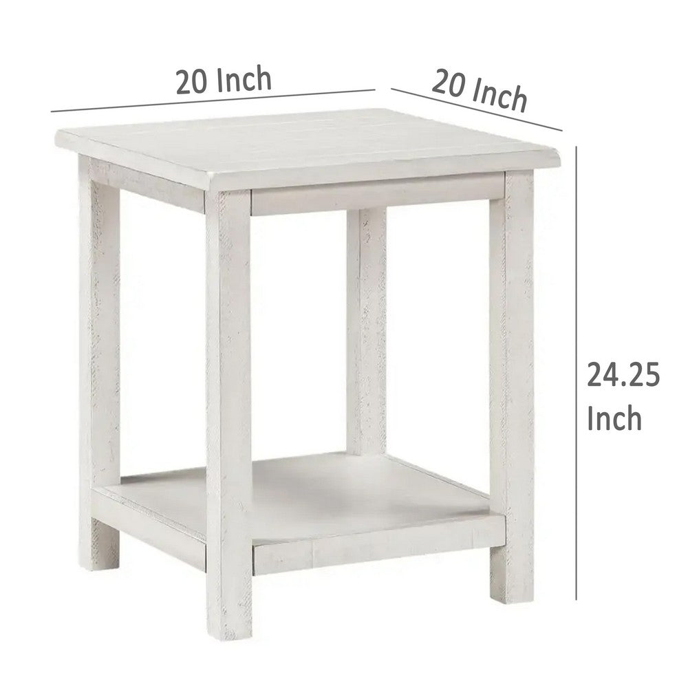 Ayne Side End Table, 1 Bottom Shelf, White Wood Frame, Square 20 Inch