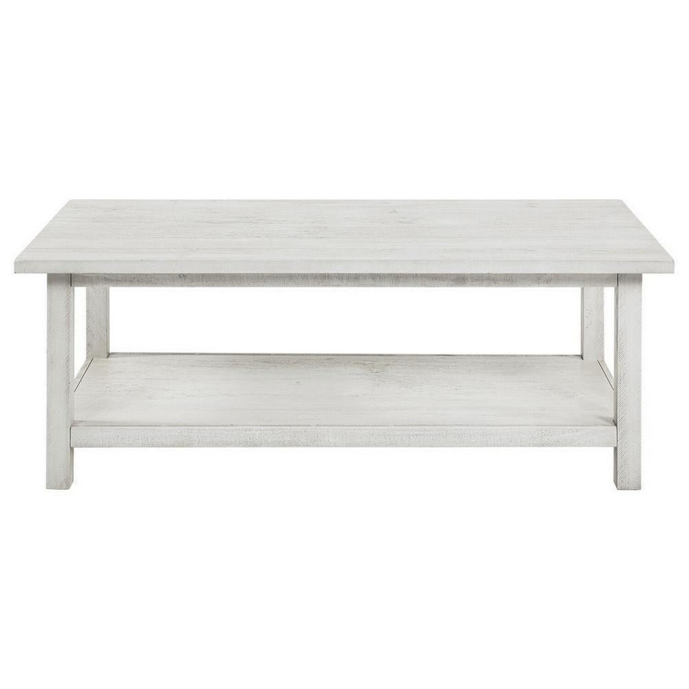 Ayne Coffee Table, 1 Bottom Shelf, Distressed White Wood, 47 Inch